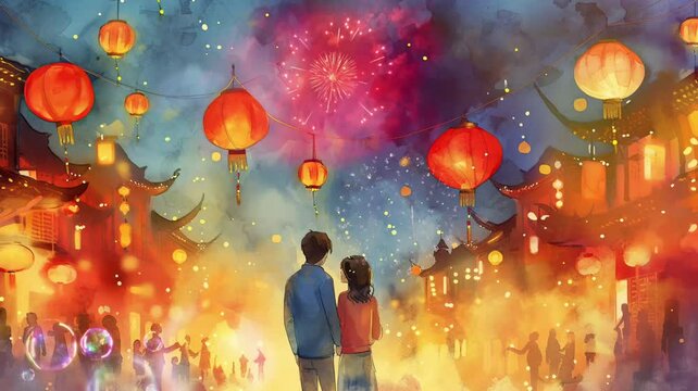 illustration using watercolor painting with the theme of a couple enjoying the beauty of lanterns on a very majestic Chinese New Year, which is used through AI
