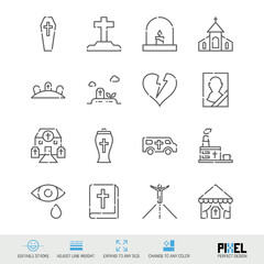 Funeral services related vector line icon set isolated on white