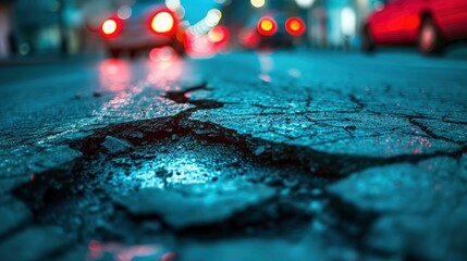 City Nightmares, Damaged Asphalt on a Busy Street, Cracked and Torn, Reflecting the Impact of an Earthquake in an Urban Landscape.