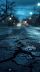 City Nightmares, Damaged Asphalt on a Busy Street, Cracked and Torn, Reflecting the Impact of an Earthquake in an Urban Landscape.