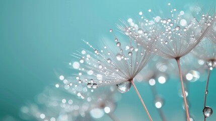 Macro view of water drops on the dandelion flower.