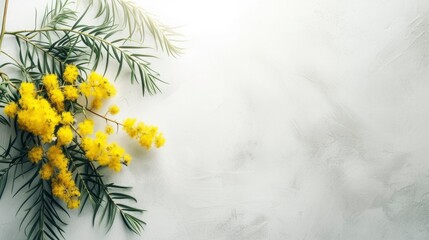 Branch of mimosa flowers on a beige texture background copyspace - obrazy, fototapety, plakaty