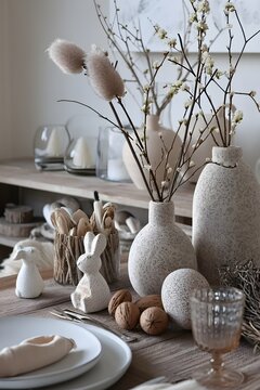 Easter colorful eggs in home decor, Easter design, flowers on the table, Easter decor ideas, spring
