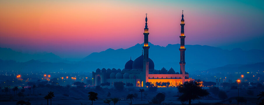 mosque under a twilight sky with a glowing crescent moon reflected in tranquil waters, Twilight Mosque,symbol islamic religion Ramadan and free space , Eid al-Adha, Eid al-fitr, Mubarak © ruslee