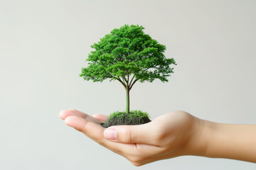 Hand holding young plant with on green nature background.Green power concept