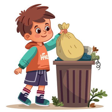 recommend clip art: Vector illustration of boy throwing a bag of garbage into the trash can. 
                    