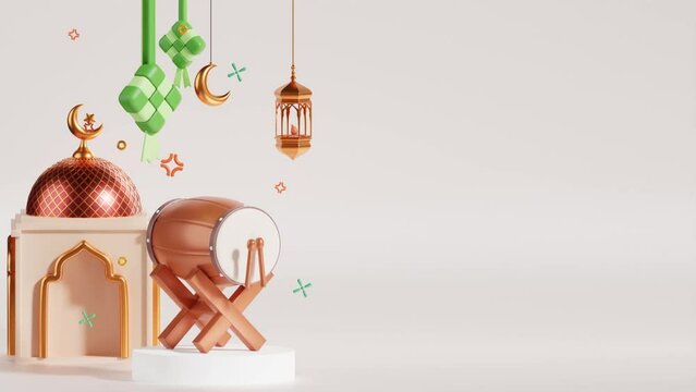 Islamic Decoration Background with Bedug Drum on Podium, Mosque, Lantern, and Ketupat - 3D Animation