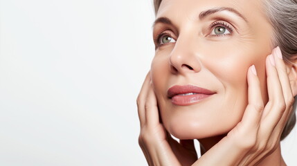 Obraz premium Beauty portrait of mature woman smiling with hand on face. Closeup face of happy senior woman feeling fresh after anti-aging treatment