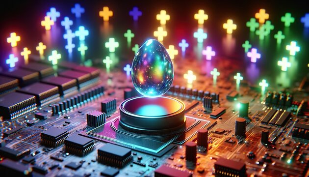 Holographic image of a 3D Easter egg on a circuit board. The background is a colorful cross shaped bokeh light.