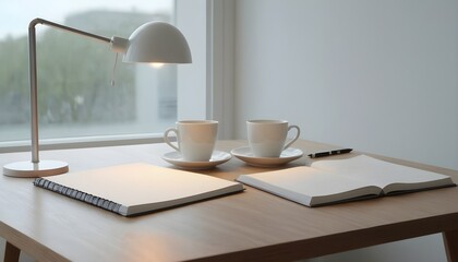 open book with pen on the work table. Minimalistic and simplistic office, work place. 