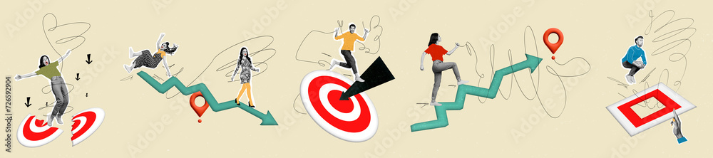 Poster collage panorama collection of business people reaching all their goals center dartboards arrow poin