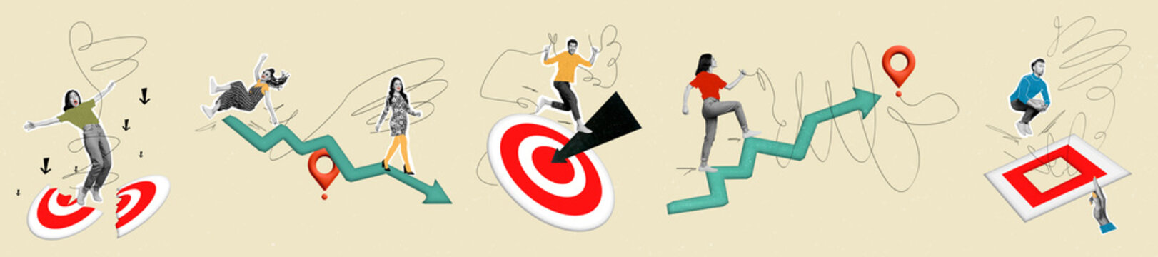 Collage panorama collection of business people reaching all their goals center dartboards arrow pointer geotag isolated on beige background