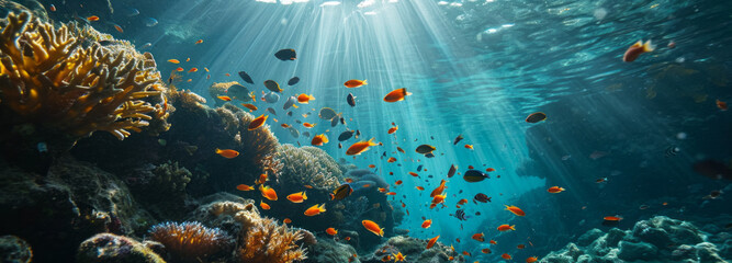 Sunbeams cascade through the clear blue waters of a vibrant coral reef teeming with diverse fish,...