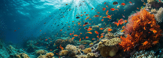Fototapeta na wymiar Sunbeams cascade through the clear blue waters of a vibrant coral reef teeming with diverse fish, creating a mesmerizing underwater dance of light and life