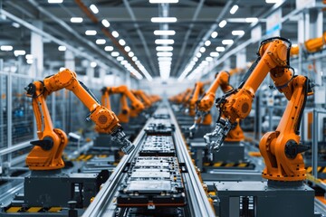 Advanced robot arms assemble EV batteries in smart factory.