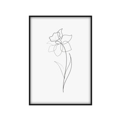 Continuous one simple single abstract line drawing of a daffodil flower icon in silhouette on a white background. Linear stylized.