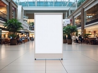 White roll up mockup poster stand in an shopping center