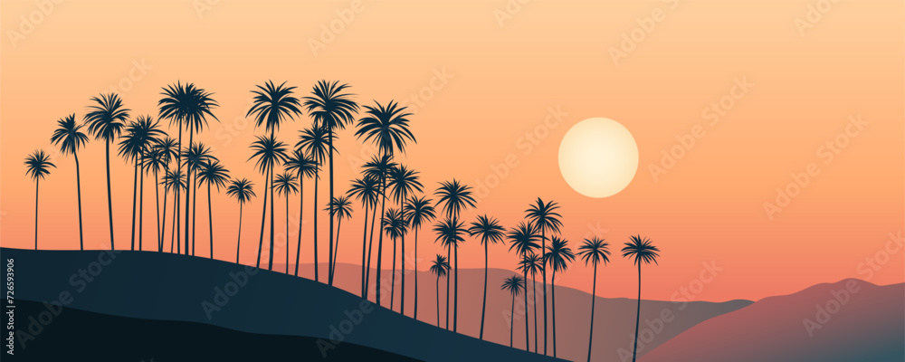 Wall mural beautiful summer sunset with silhouettes of palm trees against the backdrop of mountains and hills.  - Wall murals