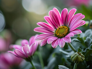 Fototapeta premium Close-up of a vibrant purple cosmos flower with golden yellow center, delicate petals unfurling against a bokeh background