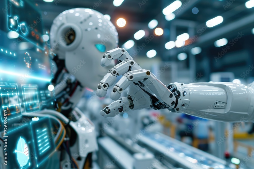 Poster robot hand controls automation in intelligent factory with data exchange.