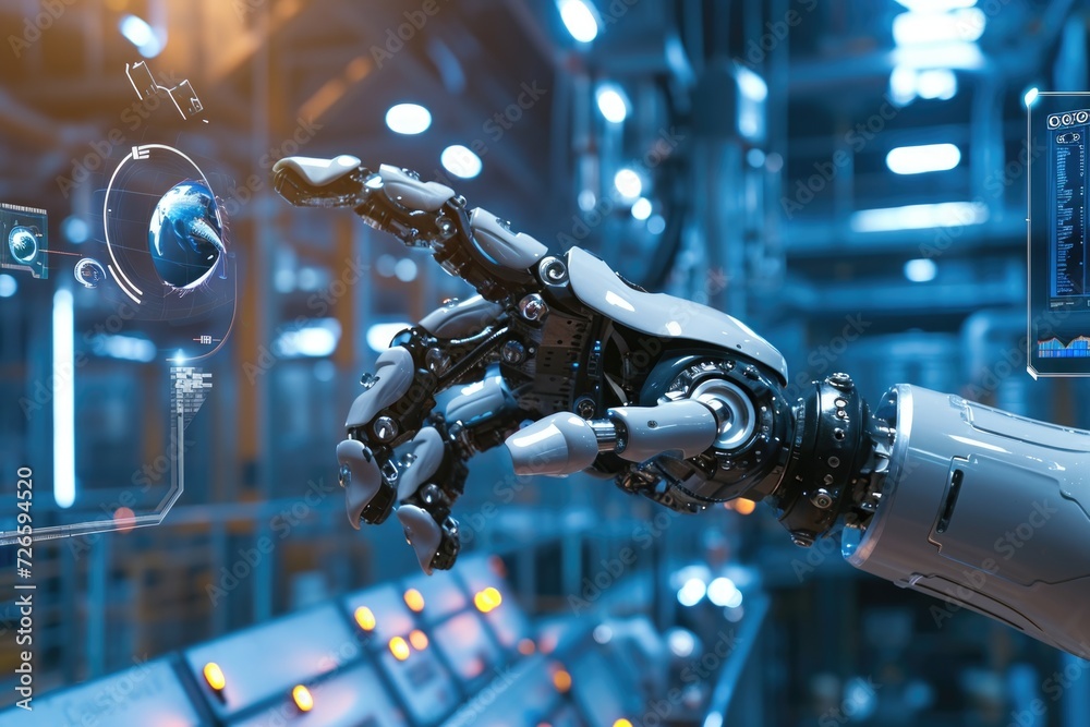 Poster robot hand controls automation in intelligent factory with data exchange.