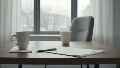 coffee with pen on the work table. Minimalistic and simplistic office, work place.