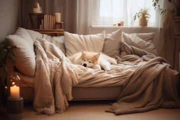 A dog sleeping peacefully among some blankets on the floor, in a very cozy and minimalist living room.
