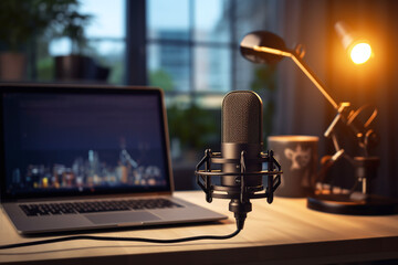 Home studio podcast interior. Microphone, laptop and on air lamp on the table