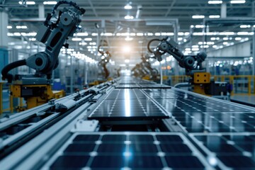Automated solar panel assembly in modern factory.