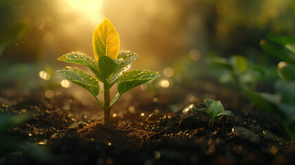 Green seedling growing from seed in the morning light, new life concept