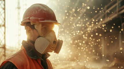 A Skilled Construction Worker, Adorned with a High-Grade Dust Mask, Navigating a Construction Site Amidst a Cloud of Glass Wool Particles. - obrazy, fototapety, plakaty