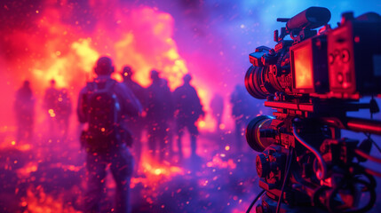 Film crew captures dramatic scenes against a fiery backdrop, with a professional camera in the foreground