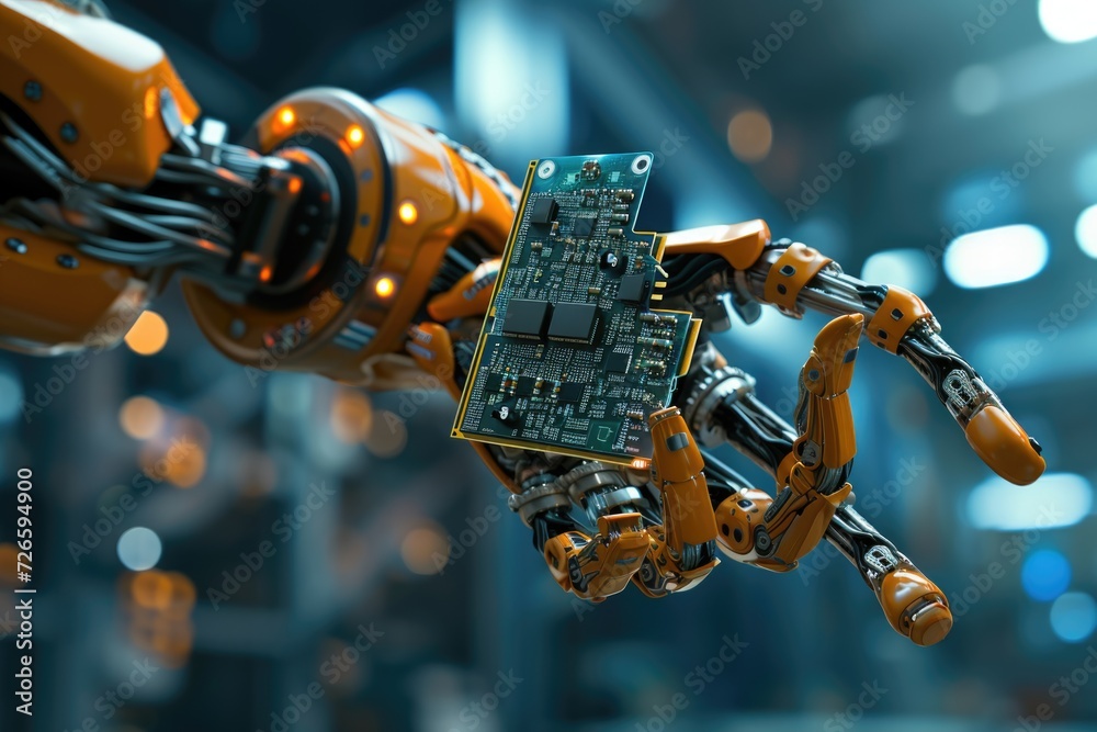 Poster hightech robot arm holds modern computer processor.