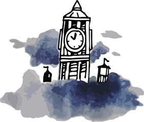 Illustration of a retro clock. Historical clock tower. Vector design. Watercolor. Minimalistic vector hand drawing of ancient clock tower amidst fog using watercolor paint. minimal Cute clock tower.