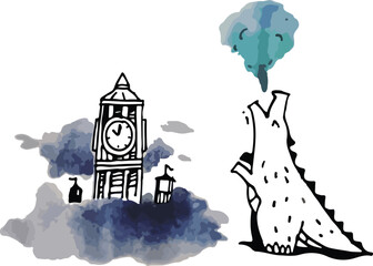 ็Hand-painted and vector painting of fire-breathing monster next to the clock tower. Cute,minimalist style. Pastel tone. clock tower in fog, fire-breathing monster,vector line hand drawn watercolor.