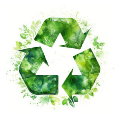 Recycling symbol featuring vibrant watercolor greenery on a white background