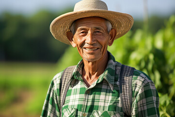 Fototapeta premium Senior asian male farmer wearing a straw hat and plaid shirt, standing in a leafy green farm