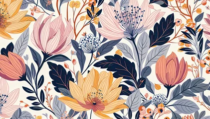 Tuinposter floral pattern with orange, pink, and blue flowers and leaves on cream background © Graphic Dude