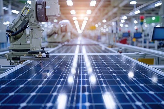 Solar panel assembly line with robot arms in automated factory.