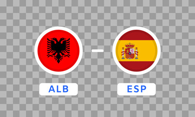 Albania vs Spain Match Design Element. Flag Icons isolated on transparent background. Football Championship Competition Infographics. Game Score Template. Vector illustration
