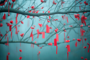 Year of the snake with red paper hanging around branch. Chinese paper cut snake as symbol of year