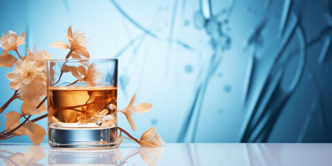 Scotch or whiskey glass with flowers on a blue background. Free space on the table for product placement or advertising text.