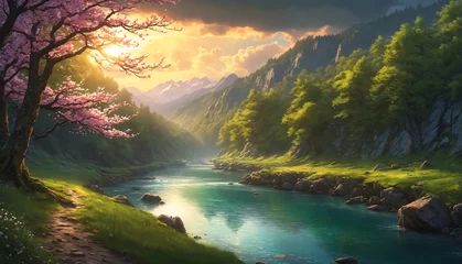 Fotobehang A picturesque landscape of a river flowing through a lush green forest at sunset, with cherry blossoms and mountains in the background © Aleksei Solovev