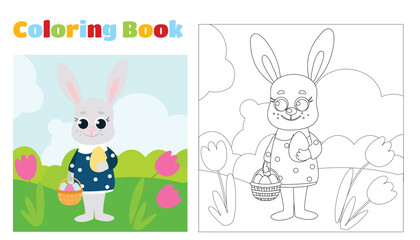 Coloring page. The Easter Bunny is dressed in a blue dress and holds a basket with decorative eggs and one egg in her paws. The animal is on a green meadow.