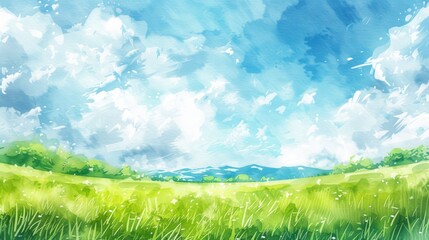 Fototapeta na wymiar Watercolor green grass and blue sky with clouds