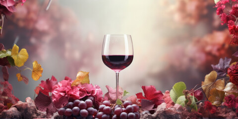 A glass of red wine in spring grape scenery.