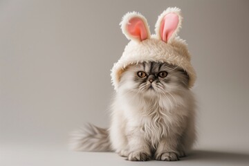 Fototapeta premium A cute cat, adorably dressed in a fluffy bunny ears hat, gazes upwards with big, soulful eyes against a soft grey background.