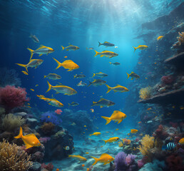 A large group of fish swimming in the ocean, underwater with coral and fish, deep underwater scene