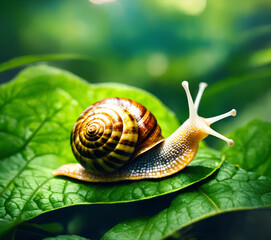 A snail sitting on top of a green leaf