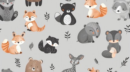 Seamless pattern. children's animals on a gray background.